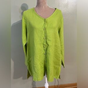 Flax Womens Lime Green Pocket Lagenlook Long Sleeve Button  Up Shirt Size P/M